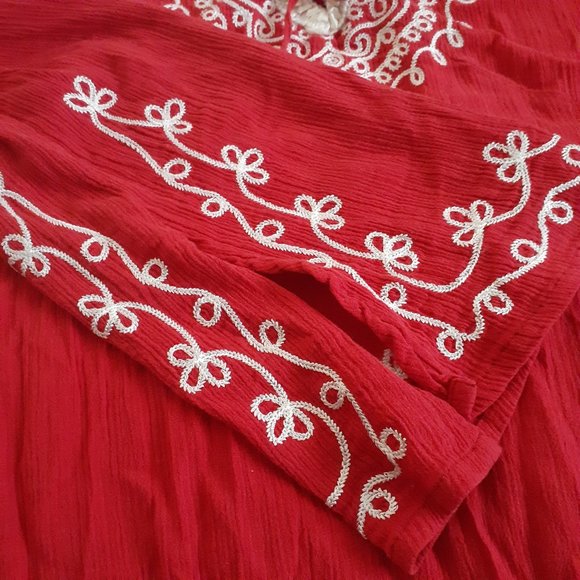 Red Embroidered Asymmetrical Long Sleeve Tunic - Picture 7 of 14